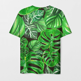 Мужская футболка 3D с принтом Тропические листья на темном фоне в Екатеринбурге, 100% полиэфир | прямой крой, круглый вырез горловины, длина до линии бедер | Тематика изображения на принте: 3d | акварель | акварельный | дикий | дикость | жара | зеленый | иллюстрация | красота | лес | летний | лето | листок | листья | монстера | натуральный | паттерн | природа | путешествия | растительность
