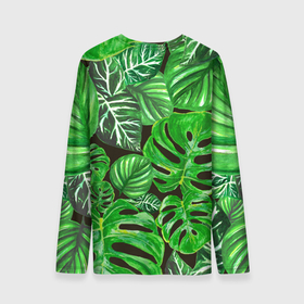 Мужской лонгслив 3D с принтом Тропические листья на темном фоне в Белгороде, 100% полиэстер | длинные рукава, круглый вырез горловины, полуприлегающий силуэт | Тематика изображения на принте: 3d | акварель | акварельный | дикий | дикость | жара | зеленый | иллюстрация | красота | лес | летний | лето | листок | листья | монстера | натуральный | паттерн | природа | путешествия | растительность