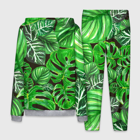 Мужской костюм 3D с принтом Тропические листья на темном фоне в Курске, 100% полиэстер | Манжеты и пояс оформлены тканевой резинкой, двухслойный капюшон со шнурком для регулировки, карманы спереди | 3d | акварель | акварельный | дикий | дикость | жара | зеленый | иллюстрация | красота | лес | летний | лето | листок | листья | монстера | натуральный | паттерн | природа | путешествия | растительность
