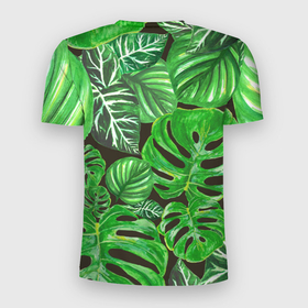 Мужская футболка 3D Slim с принтом Тропические листья на темном фоне в Екатеринбурге, 100% полиэстер с улучшенными характеристиками | приталенный силуэт, круглая горловина, широкие плечи, сужается к линии бедра | 3d | акварель | акварельный | дикий | дикость | жара | зеленый | иллюстрация | красота | лес | летний | лето | листок | листья | монстера | натуральный | паттерн | природа | путешествия | растительность