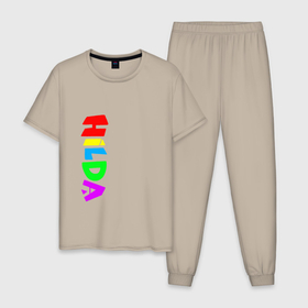 Мужская пижама хлопок с принтом Хильда | Разноцветное лого в Тюмени, 100% хлопок | брюки и футболка прямого кроя, без карманов, на брюках мягкая резинка на поясе и по низу штанин
 | hilda | logo | mult | netflix | лого | логотип | мульт | мультик | мультсериал | мультфильм | нетфлик | хилда | хильда