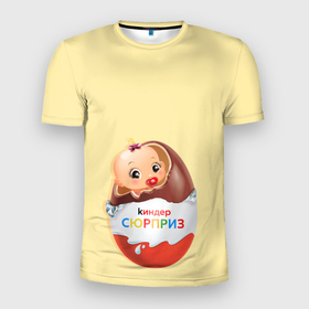 Мужская футболка 3D Slim с принтом Киндер сюрприз в Белгороде, 100% полиэстер с улучшенными характеристиками | приталенный силуэт, круглая горловина, широкие плечи, сужается к линии бедра | малыш | надпись | ребенок | шоколад | яйцо