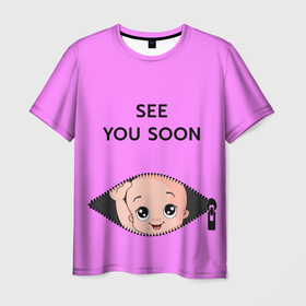 Мужская футболка 3D с принтом Скоро увидимся. в Санкт-Петербурге, 100% полиэфир | прямой крой, круглый вырез горловины, длина до линии бедер | карман | малыш | молния | надпись | ребенок