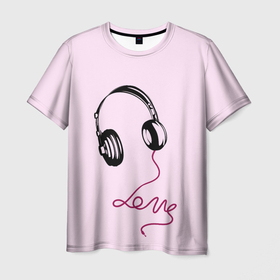 Мужская футболка 3D с принтом Музыка любви в Белгороде, 100% полиэфир | прямой крой, круглый вырез горловины, длина до линии бедер | Тематика изображения на принте: love | музыка | надпись | наушники | шнур