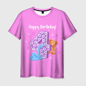 Мужская футболка 3D с принтом Четвертый день рождения , 100% полиэфир | прямой крой, круглый вырез горловины, длина до линии бедер | лебедь | медведь | надпись | цифра | шары
