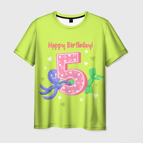 Мужская футболка 3D с принтом Пятый день рождения в Кировске, 100% полиэфир | прямой крой, круглый вырез горловины, длина до линии бедер | Тематика изображения на принте: надпись | осьминог | собака | цифра | шар