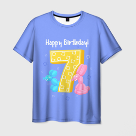 Мужская футболка 3D с принтом Седьмой день рождения в Екатеринбурге, 100% полиэфир | прямой крой, круглый вырез горловины, длина до линии бедер | зайцы | надпись | праздник | цифра | шар