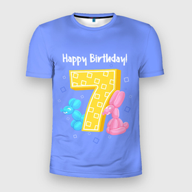 Мужская футболка 3D Slim с принтом Седьмой день рождения в Екатеринбурге, 100% полиэстер с улучшенными характеристиками | приталенный силуэт, круглая горловина, широкие плечи, сужается к линии бедра | зайцы | надпись | праздник | цифра | шар