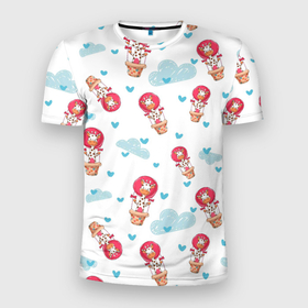 Мужская футболка 3D Slim с принтом Жирафы на воздушных шарах в Петрозаводске, 100% полиэстер с улучшенными характеристиками | приталенный силуэт, круглая горловина, широкие плечи, сужается к линии бедра | воздушный | воздушный шар | жираф | жирафы | шар