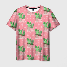 Мужская футболка 3D с принтом Кактусы в горшках паттерн , 100% полиэфир | прямой крой, круглый вырез горловины, длина до линии бедер | Тематика изображения на принте: горшки | кактус | кактусы | цветок | цветы