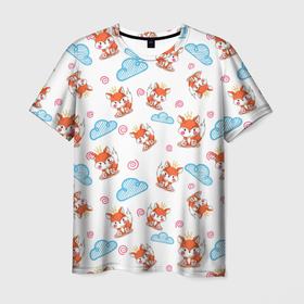 Мужская футболка 3D с принтом Лисички и облачка в Новосибирске, 100% полиэфир | прямой крой, круглый вырез горловины, длина до линии бедер | Тематика изображения на принте: fox | детский | лиса | лисички | лисы | облака | облачка