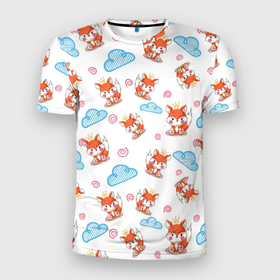 Мужская футболка 3D Slim с принтом Лисички и облачка в Белгороде, 100% полиэстер с улучшенными характеристиками | приталенный силуэт, круглая горловина, широкие плечи, сужается к линии бедра | fox | детский | лиса | лисички | лисы | облака | облачка