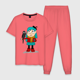 Мужская пижама хлопок с принтом Хильда 2022 в Кировске, 100% хлопок | брюки и футболка прямого кроя, без карманов, на брюках мягкая резинка на поясе и по низу штанин
 | арт | ворон | девочка | зарисовка | карандашом | минимализм | мультфильм | сено | хильда