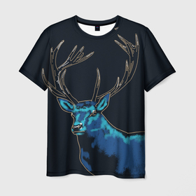 Мужская футболка 3D с принтом Синий Олень в Курске, 100% полиэфир | прямой крой, круглый вырез горловины, длина до линии бедер | deer | vintage | винтаж | звери | крупные животные | лось | мужское хобби | олень | охота | охотник | природа | рога | туристический