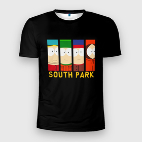 Мужская футболка 3D Slim с принтом South Park   Южный парк главные герои в Тюмени, 100% полиэстер с улучшенными характеристиками | приталенный силуэт, круглая горловина, широкие плечи, сужается к линии бедра | eric | kenny | kyle | south park | stanley | кайл | кенни | мультфильм | саус парк | сауспарк | сериал | стэн | эрик | южный парк