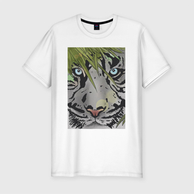 Мужская футболка хлопок Slim с принтом Голова белого тигра в Тюмени, 92% хлопок, 8% лайкра | приталенный силуэт, круглый вырез ворота, длина до линии бедра, короткий рукав | белый тигр | голова тигра | знаки зодиака | китайский гороскоп | новогодний подарок | серый тигр | символ года | тигр | тигр 2022 | тигр с голубыми глазами