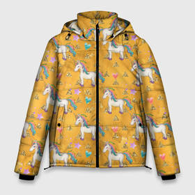 Мужская зимняя куртка 3D с принтом Единороги на желтом фоне в Тюмени, верх — 100% полиэстер; подкладка — 100% полиэстер; утеплитель — 100% полиэстер | длина ниже бедра, свободный силуэт Оверсайз. Есть воротник-стойка, отстегивающийся капюшон и ветрозащитная планка. 

Боковые карманы с листочкой на кнопках и внутренний карман на молнии. | единорог | единороги | желтый фон | паттерн | пони