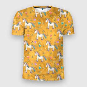Мужская футболка 3D Slim с принтом Единороги на желтом фоне в Новосибирске, 100% полиэстер с улучшенными характеристиками | приталенный силуэт, круглая горловина, широкие плечи, сужается к линии бедра | Тематика изображения на принте: единорог | единороги | желтый фон | паттерн | пони