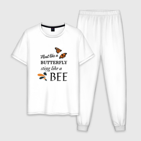 Мужская пижама хлопок с принтом Порхай как бабочка, жаль как пчела в Новосибирске, 100% хлопок | брюки и футболка прямого кроя, без карманов, на брюках мягкая резинка на поясе и по низу штанин
 | Тематика изображения на принте: bee | butterfly | insects | phrase | бабочка | высказывание | пчела | фраза