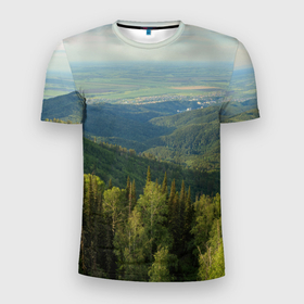 Мужская футболка 3D Slim с принтом Природный пейзаж в Новосибирске, 100% полиэстер с улучшенными характеристиками | приталенный силуэт, круглая горловина, широкие плечи, сужается к линии бедра | гора | город | города | горы | дерево | деревья | ели | ель | пейзаж | пейзажи | природа | природный | холм | холмы