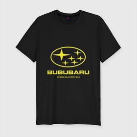 Мужская футболка хлопок Slim с принтом Subaru Bububaru желтая , 92% хлопок, 8% лайкра | приталенный силуэт, круглый вырез ворота, длина до линии бедра, короткий рукав | bububaru | subaru | автомобили | бубубу | делай бубубу | субару
