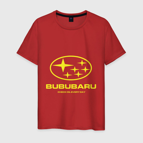 Мужская футболка хлопок с принтом Subaru Bububaru желтая , 100% хлопок | прямой крой, круглый вырез горловины, длина до линии бедер, слегка спущенное плечо. | Тематика изображения на принте: bububaru | subaru | автомобили | бубубу | делай бубубу | субару