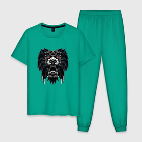 Мужская пижама хлопок с принтом Черный лев (голова) в Екатеринбурге, 100% хлопок | брюки и футболка прямого кроя, без карманов, на брюках мягкая резинка на поясе и по низу штанин
 | Тематика изображения на принте: lion | животное | клыки | кот | кошка | лев | львы