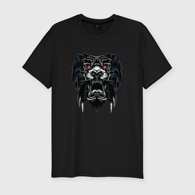 Мужская футболка хлопок Slim с принтом Черный лев (голова) в Санкт-Петербурге, 92% хлопок, 8% лайкра | приталенный силуэт, круглый вырез ворота, длина до линии бедра, короткий рукав | lion | животное | клыки | кот | кошка | лев | львы