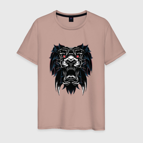 Мужская футболка хлопок с принтом Черный лев (голова) в Екатеринбурге, 100% хлопок | прямой крой, круглый вырез горловины, длина до линии бедер, слегка спущенное плечо. | Тематика изображения на принте: lion | животное | клыки | кот | кошка | лев | львы
