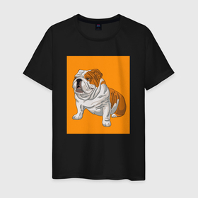 Мужская футболка хлопок с принтом Английский бульдог собака в Белгороде, 100% хлопок | прямой крой, круглый вырез горловины, длина до линии бедер, слегка спущенное плечо. | dog | english bulldog | pets | английский бульдог | бульдог | в прямоугольнике | домашние животные | домашние питомцы | породистая собака | рыжий | сидящая собака | собаки