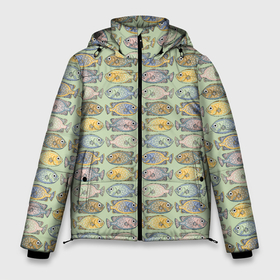 Мужская зимняя куртка 3D с принтом Рыбы паттерн в Санкт-Петербурге, верх — 100% полиэстер; подкладка — 100% полиэстер; утеплитель — 100% полиэстер | длина ниже бедра, свободный силуэт Оверсайз. Есть воротник-стойка, отстегивающийся капюшон и ветрозащитная планка. 

Боковые карманы с листочкой на кнопках и внутренний карман на молнии. | Тематика изображения на принте: знак зодиака | морская рыба | морские обитатели | нежный принт | пастельные цвета | паттерн | разноцветные рыбы | речная рыба | рыбалка | рыбы | салатовый цвет | туристический