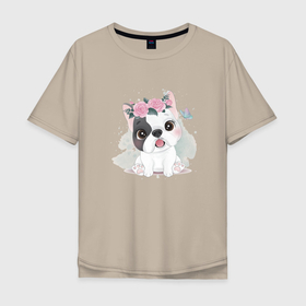 Мужская футболка хлопок Oversize с принтом Миленький Французский бульдог в Курске, 100% хлопок | свободный крой, круглый ворот, “спинка” длиннее передней части | dog | бульдог | маленькая собачка | пес | песель | песик | собака | собачка | французский бульдог | щенок