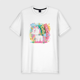 Мужская футболка хлопок Slim с принтом Милашка единорог в Новосибирске, 92% хлопок, 8% лайкра | приталенный силуэт, круглый вырез ворота, длина до линии бедра, короткий рукав | horse | kawaii | unicorn | единорог | единорожка | конь | лошадь | пони | радуга | рог | цветной