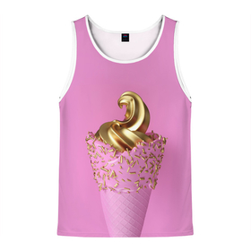 Мужская майка 3D с принтом золотое мороженное в Санкт-Петербурге, 100% полиэстер | круглая горловина, приталенный силуэт, длина до линии бедра. Пройма и горловина окантованы тонкой бейкой | Тематика изображения на принте: candy | gold | pink | еда | золото | конфеты | леденцы | мороженное | мороженое | принт для девушек | сладости