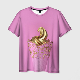 Мужская футболка 3D с принтом золотое мороженное в Новосибирске, 100% полиэфир | прямой крой, круглый вырез горловины, длина до линии бедер | Тематика изображения на принте: candy | gold | pink | еда | золото | конфеты | леденцы | мороженное | мороженое | принт для девушек | сладости