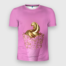 Мужская футболка 3D Slim с принтом золотое мороженное в Новосибирске, 100% полиэстер с улучшенными характеристиками | приталенный силуэт, круглая горловина, широкие плечи, сужается к линии бедра | Тематика изображения на принте: candy | gold | pink | еда | золото | конфеты | леденцы | мороженное | мороженое | принт для девушек | сладости