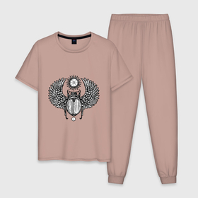 Мужская пижама хлопок с принтом скарабей рисунок в Екатеринбурге, 100% хлопок | брюки и футболка прямого кроя, без карманов, на брюках мягкая резинка на поясе и по низу штанин
 | арт | графика | египет | жук | мифология | символ | символизм | скарабей | тату | эскиз