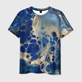 Мужская футболка 3D с принтом синие разводы на воде в Санкт-Петербурге, 100% полиэфир | прямой крой, круглый вырез горловины, длина до линии бедер | blue | drawing | paint | texture | арт | краска | рисунок | синий | синий фон | текстура