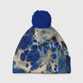 Шапка 3D c помпоном с принтом синие разводы на воде в Курске, 100% полиэстер | универсальный размер, печать по всей поверхности изделия | blue | drawing | paint | texture | арт | краска | рисунок | синий | синий фон | текстура