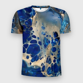 Мужская футболка 3D Slim с принтом синие разводы на воде в Петрозаводске, 100% полиэстер с улучшенными характеристиками | приталенный силуэт, круглая горловина, широкие плечи, сужается к линии бедра | blue | drawing | paint | texture | арт | краска | рисунок | синий | синий фон | текстура
