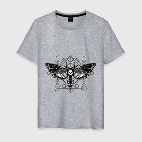 Мужская футболка хлопок с принтом мотылек и череп в Екатеринбурге, 100% хлопок | прямой крой, круглый вырез горловины, длина до линии бедер, слегка спущенное плечо. | butterfly | drawing | graphics | moth | sketch | skull | symbol | tattoo | бабочка | графика | мотылек | рисунок | символ | татуировка | череп | эскиз