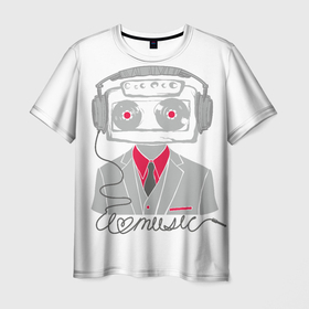 Мужская футболка 3D с принтом Меломанистый робот в Екатеринбурге, 100% полиэфир | прямой крой, круглый вырез горловины, длина до линии бедер | арт | кассета | меломан | музыка | наушники