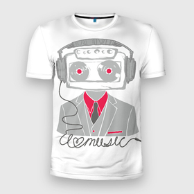 Мужская футболка 3D Slim с принтом Меломанистый робот в Кировске, 100% полиэстер с улучшенными характеристиками | приталенный силуэт, круглая горловина, широкие плечи, сужается к линии бедра | арт | кассета | меломан | музыка | наушники