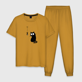 Мужская пижама хлопок с принтом Котик и рыбка , 100% хлопок | брюки и футболка прямого кроя, без карманов, на брюках мягкая резинка на поясе и по низу штанин
 | кот | котик и рыбка | котэ | соблазн
