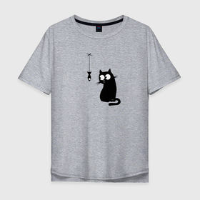 Мужская футболка хлопок Oversize с принтом Котик и рыбка в Новосибирске, 100% хлопок | свободный крой, круглый ворот, “спинка” длиннее передней части | кот | котик и рыбка | котэ | соблазн