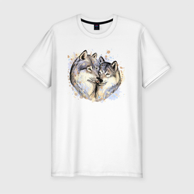 Мужская футболка хлопок Slim с принтом Wolflove в Тюмени, 92% хлопок, 8% лайкра | приталенный силуэт, круглый вырез ворота, длина до линии бедра, короткий рукав | love | wolf | волк | животные | любовь | парочка | чувства