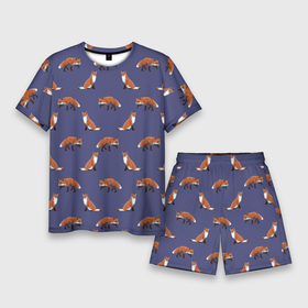 Мужской костюм с шортами 3D с принтом Акварельные лисы паттерн в Тюмени,  |  | fox | foxes | pattern | акварель | акварельная лиса | акварельный рисунок | лесные звери | лисички | лисы | оранжевый | паттерн | синий