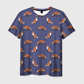 Мужская футболка 3D с принтом Акварельные лисы паттерн в Петрозаводске, 100% полиэфир | прямой крой, круглый вырез горловины, длина до линии бедер | Тематика изображения на принте: fox | foxes | pattern | акварель | акварельная лиса | акварельный рисунок | лесные звери | лисички | лисы | оранжевый | паттерн | синий