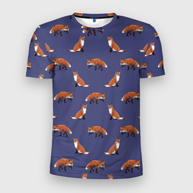 Мужская футболка 3D Slim с принтом Акварельные лисы паттерн в Новосибирске, 100% полиэстер с улучшенными характеристиками | приталенный силуэт, круглая горловина, широкие плечи, сужается к линии бедра | fox | foxes | pattern | акварель | акварельная лиса | акварельный рисунок | лесные звери | лисички | лисы | оранжевый | паттерн | синий