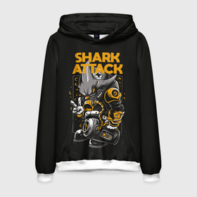 Мужская толстовка 3D с принтом Shark blast в Новосибирске, 100% полиэстер | двухслойный капюшон со шнурком для регулировки, мягкие манжеты на рукавах и по низу толстовки, спереди карман-кенгуру с мягким внутренним слоем. | Тематика изображения на принте: attack | shark | акула | опасность | панк | рыба | хищник | черная